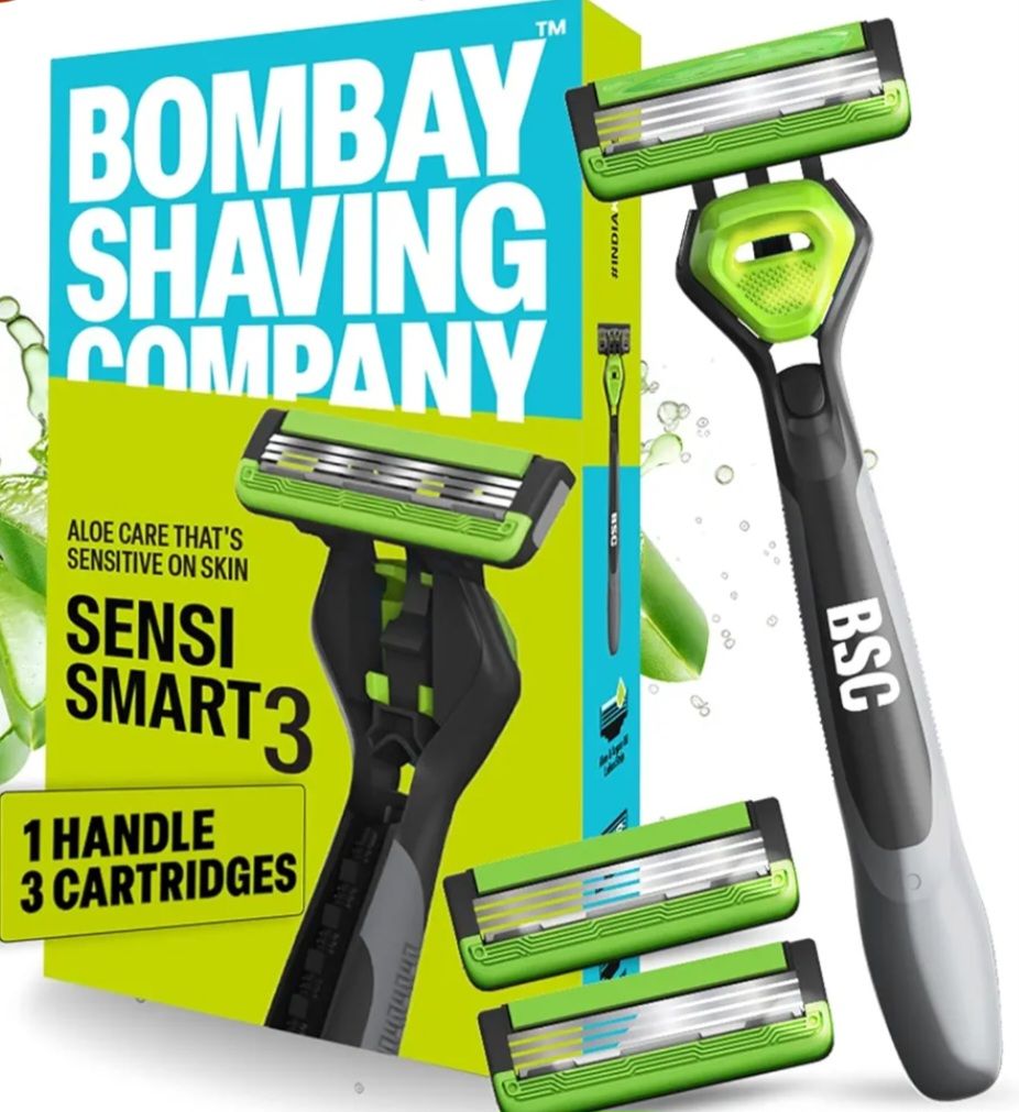 Bombay Shaving Company Sensi Smart 3 Value Pack (Handle + 3 Blades Cartridge) | Shaving Razor for Men | Aloe Gel and Argan Oil Lubra Strip with Pivot Head