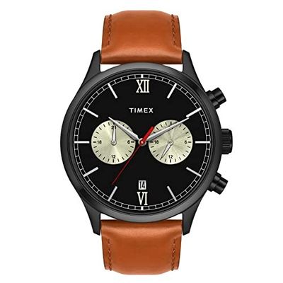 TIMEX Analog Watch for man with Black Round Dial & Tan Leather Strap Band