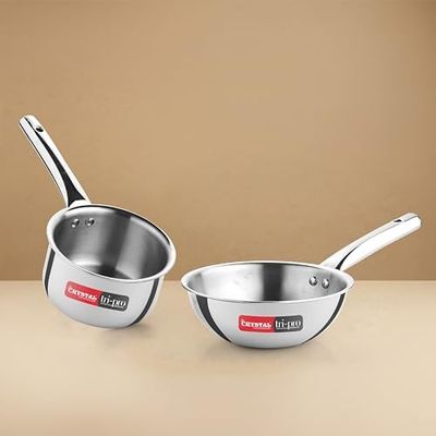 Crystal Tripro Triply Stainless Steel 2 Pcs Cookware Set | Sauce Pan 14cm and Wok 18cm | Even and Faster Heating | Healthy Cooking, Less Oil Use - Induction and Gas Stove Ready
