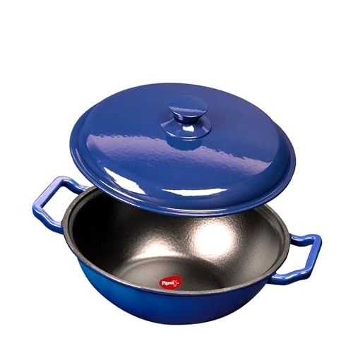 Pigeon by Stovekraft Enamel Coated Cast Iron Kadai with Lid (24 cm, Blue) | Heavy Duty Toxin-Free Deep Kadhai for Cooking & Serving