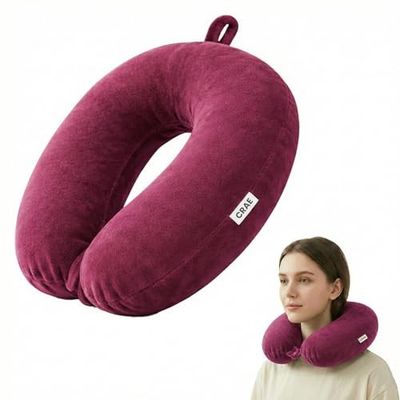 CRAE Travel Neck Pillow for Men & Women | Soft Fibre Cushion for Flight, Car & Train | Soft Velvet Fabric with Attachable Snap Strap | Cervical Support for Neck Pain Relief.Pack of 1(Candy Pink)