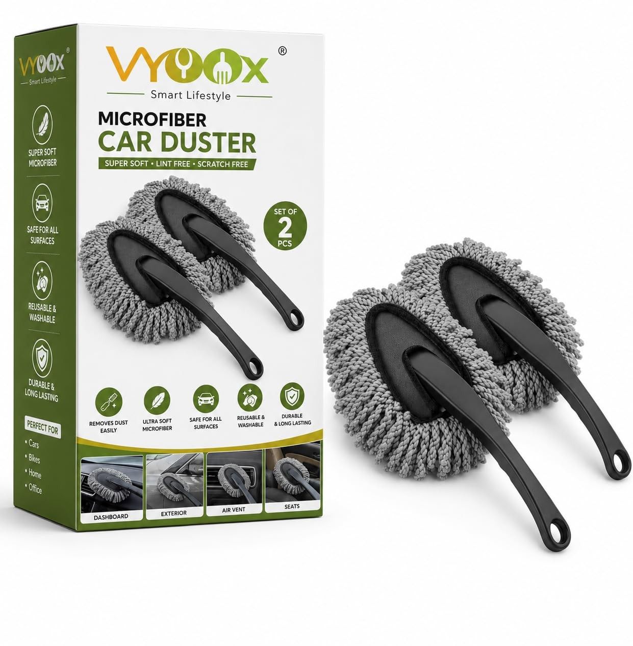 VYOOx Microfiber Car Duster 2 Piece (Same Size) | Scratch-Free Dusting Brush for Car, Bike & Home | Interior & Exterior Cleaning Duster Set