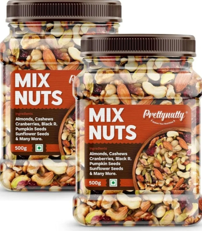 PrettyNutty Healthy Nutmix 1kg, Dried Almonds, Black Raisins, Cashewnuts, Cranberries, Green Raisins, Walnut Kernels & Many More. Pack of 2 (500g Each Jar)