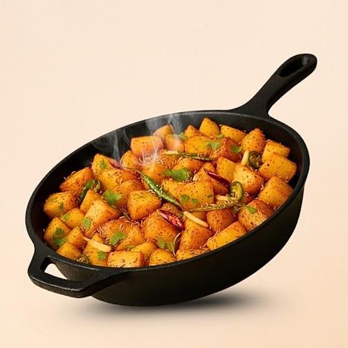 kyyte OxyStone Pre-Seasoned Cast Iron Frying Pan 10 Inch (26 cm) Dia,Pasta,Saute Pan,Shallow Frying,Naturally Nonstick Cast Iron,100% Pure and Toxin-Free,No Chemical Coating,Gas,Induction,OTG Friendly