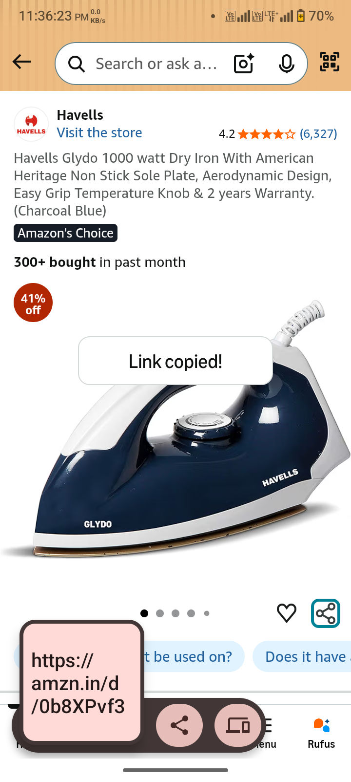 Havells Glydo 1000 watt Dry Iron With American Heritage Non Stick Sole Plate, Aerodynamic Design, Easy Grip Temperature Knob & 2 years Warranty. (Charcoal Blue)
