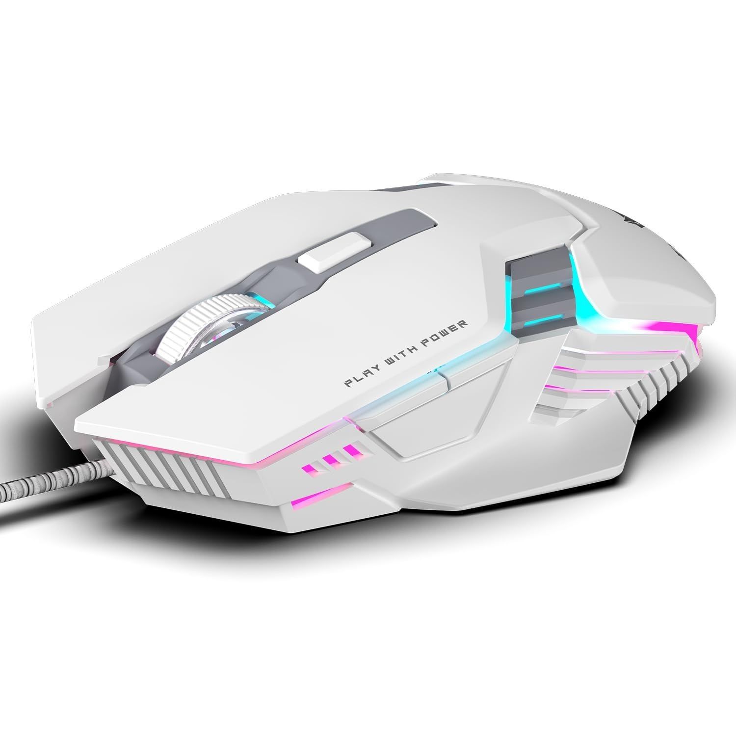 EvoFox New and Upgraded Spectre Wired Gaming Mouse with Upto7200 DPI Gaming Sensor | 6 Buttons Design | Upto 7 Million Clicks | 7 Colours Rainbow Lighting | 1.5m Braided Cable (White)