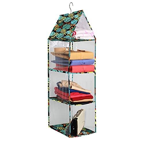PrettyKrafts Hanging Rack 3 Blocks, Side Clear Storage Racks, Dormitory Closet for Students, Wardrobe Shelves, Hanging Organiser, Storage Holders & Racks Clear_Green Leaves,Single