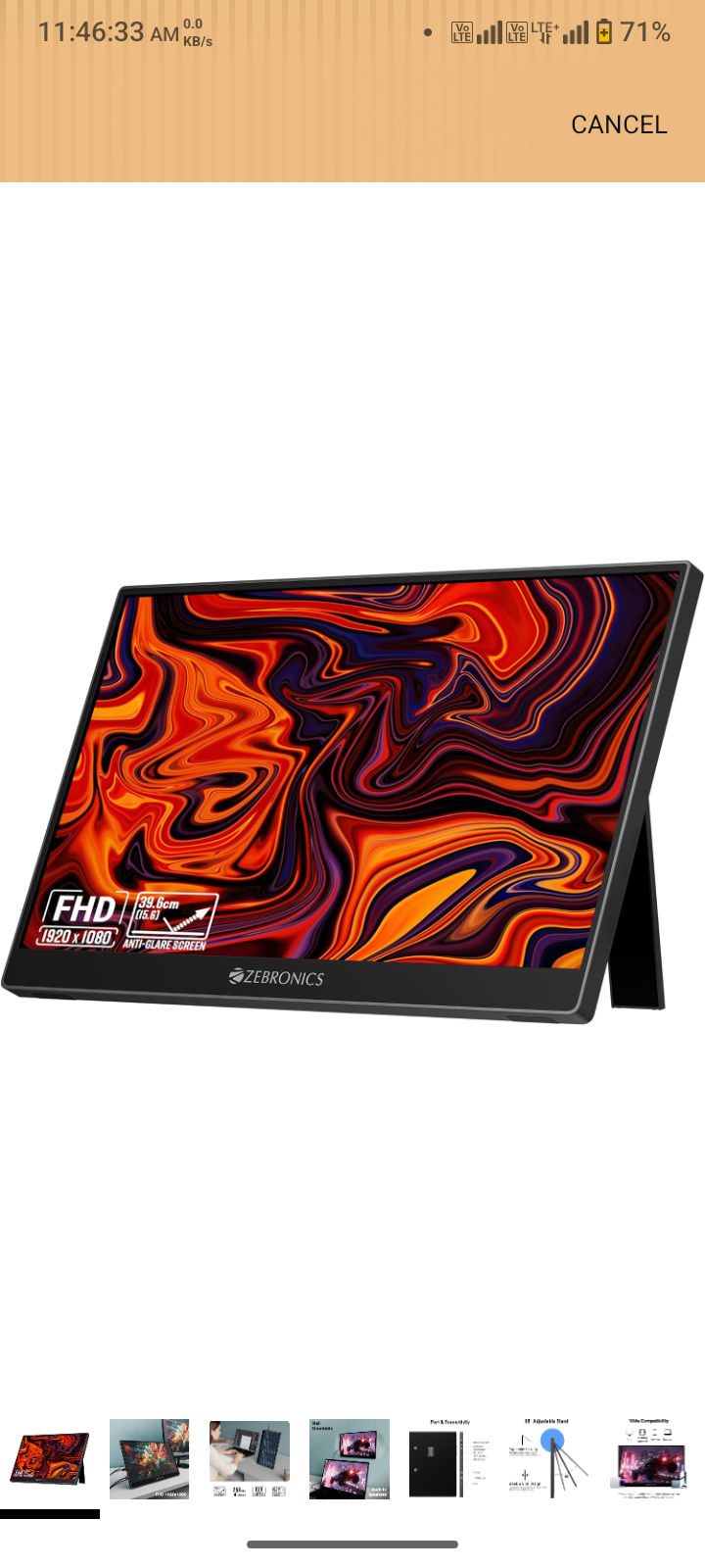 Zebronics 15.6” Portable Monitor, FHD 1080p, 60° Adjustable Stand, 16:9 Aspect Ratio, 250Nits, 16.7M Colors, Type-C PD Input, Type-C Input, Mini HDMI, Built-in Speakers, Wall-Mountable (Pixigo A16S)