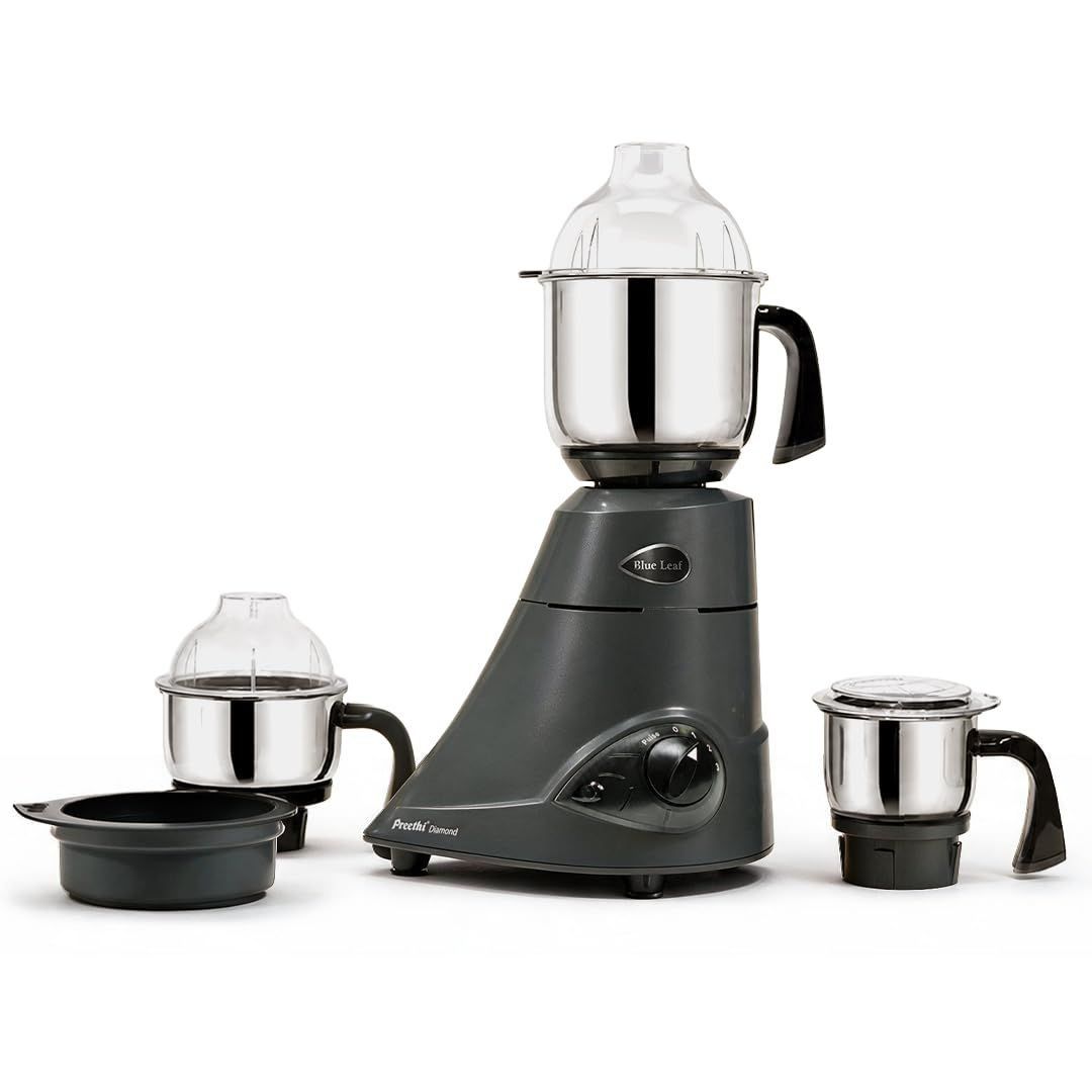 Preethi Blue Leaf Diamond Mixer Grinder, 750 Watt 3 Jars + Flexi Lid, Black With Flexi lid, Stainless Steel jars and blades, for Perfect wet, dry and chutney Grinding across different batch sizes