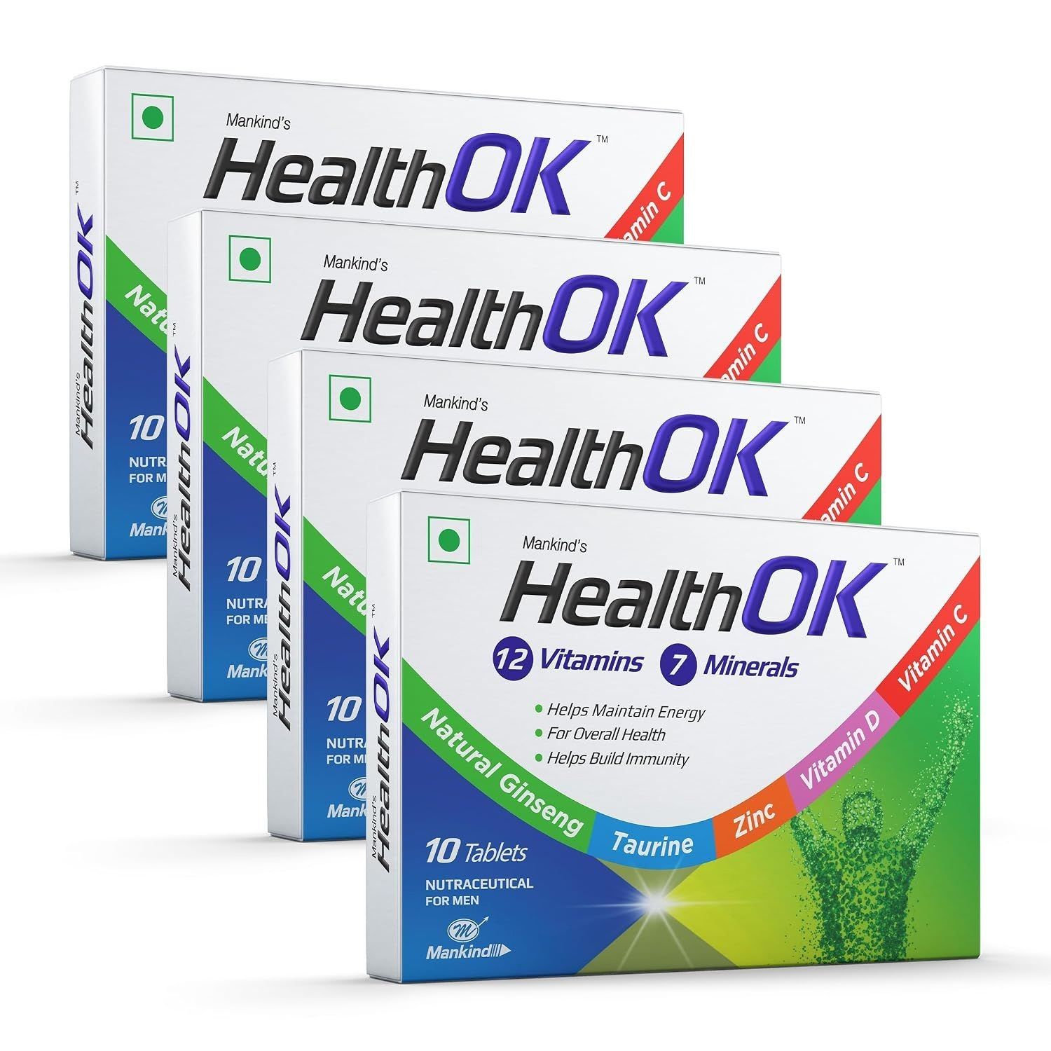 Available again! Health Ok Mankind's Multivitamin with Natural Ginseng & Taurine Power; Lemon Flavour,100% Vegetarian (4 x 10 tablets), 200 grams