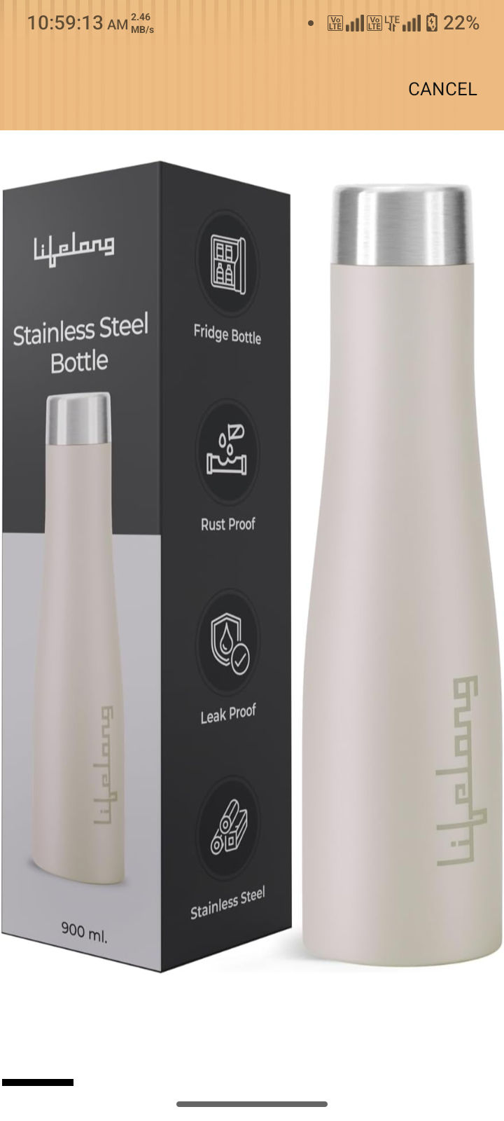 Lifelong Stainless Steel Water Bottle 900ml | Durable, Leak-Proof, Easy Grip, Rust Free, Easy-to-Clean, Odour-Free Bottle with Secure Cap for School, Travel, Gym & Work (LLBT03AB, Almond Birch)