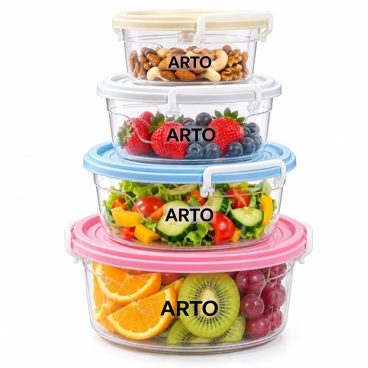 Arto Airtight Round Food Storage Container Set of 4 | 3300ml 2100ml 1300ml 700ml | BPA Free Leakproof Lids | Microwave Fridge Freezer Dishwasher Safe | Kitchen Organizer Jars