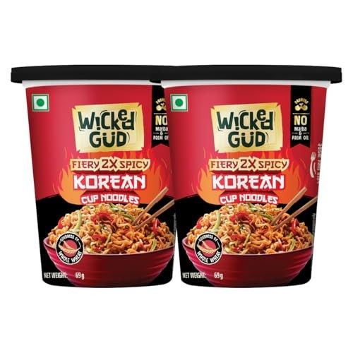 WickedGud Korean Cup Noodles, Fiery 2X Spicy, 69g, No Palm Oil, Vegetarian, Pack of 2 [50% Coupon[
