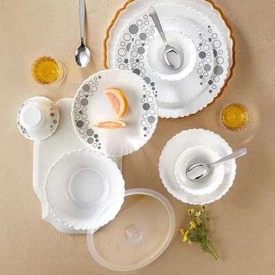 Larah by Borosil Silk Series Luna Opalware Dinner Set with Steel Spoon | 41 Pcs for Family of 6 | Microwave & Dishwasher Safe | Bone-Ash Free | Crockery Set for Dining & Gifting | Plates & Bowls