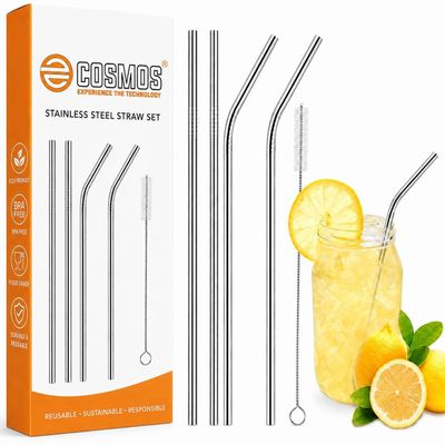 E-COSMOS® Reusable Stainless Steel Straws for Drinking with Brushes 8.5 Inches BPA-Free Metal, Thick, Long (2 Bent + 2 Straight +1 Brush)