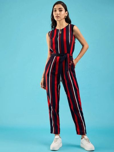 Striped Keyhole Jumpsuit with Belt