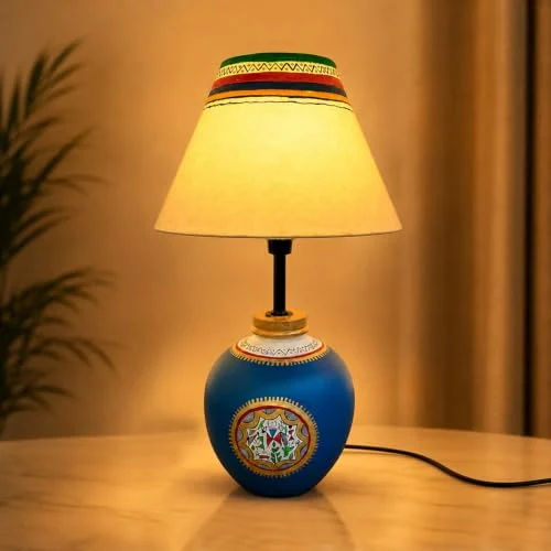 Amazon Basics Warli Whispers Blue Table Lamp | Hand-Painted Blue Base with Cream Fabric Shade | E14 Holder | Decorative Night Lamp for Bedroom, Living Room & Study Room | Home Décor Gift