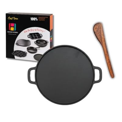 Human Hydro Pre-Seasoned Feather-Light Cast Iron Dosa Tawa/Chilla/Omelette Pan with Wooden Spatula | 30cm, 2.4kg | Induction Friendly, Naturally Nonstick, Toxin-Free & No Chemical Coating