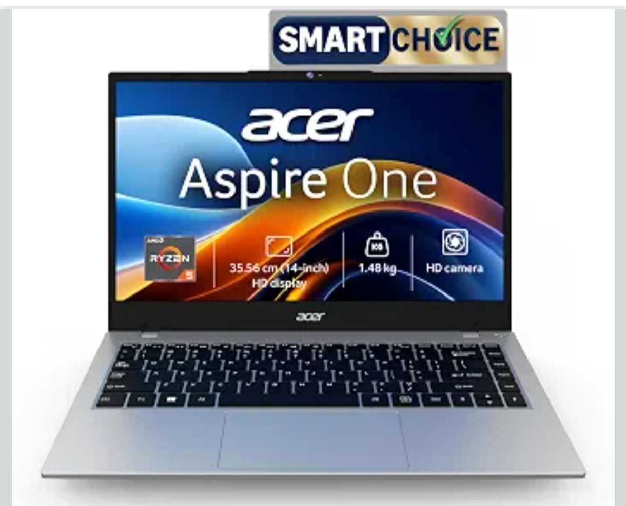 Acer Smartchoice Aspire One, AMD Ryzen 5-40, 8GB LPDDR5 RAM/ 512GB SSD, 14.0"/35.56cm WXGA Display, Win 11 Home, Pure Silver, 1.48KG, A114-43, Thin and Light Laptop