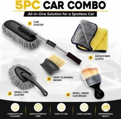 DECOZARE 5PC Interior Exterior Car Cleaning Combo with Microfiber Towel Wet and Dry Duster Set