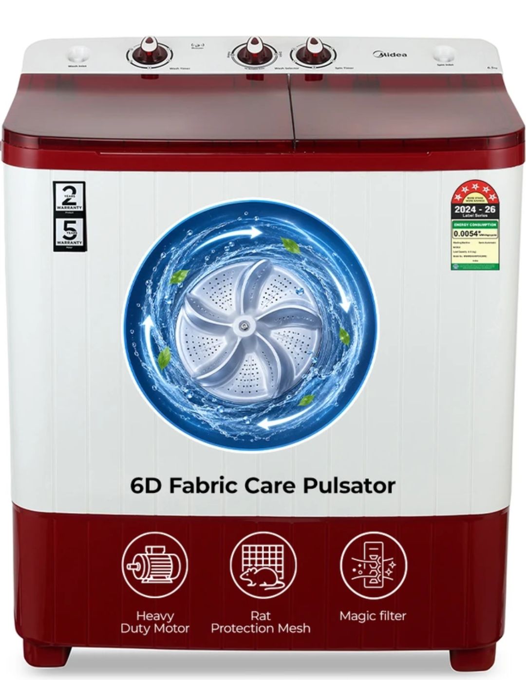 Midea 6.5 kg Semi Automatic Top Load Maroon, White on Flipkart