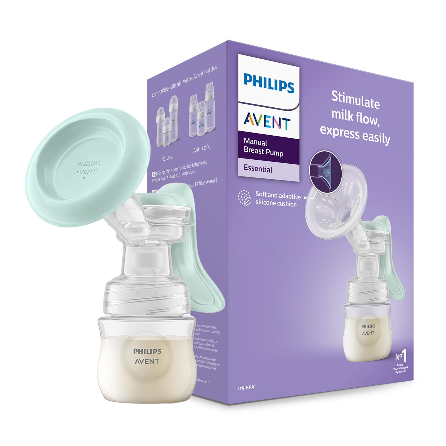 Philips Avent Essential Manual Breast pump SCF417/11 | Easy Silicone massage cushion & Ergonomic handle, Soft & Gentle, BPA Free (Manual Breast Pump)