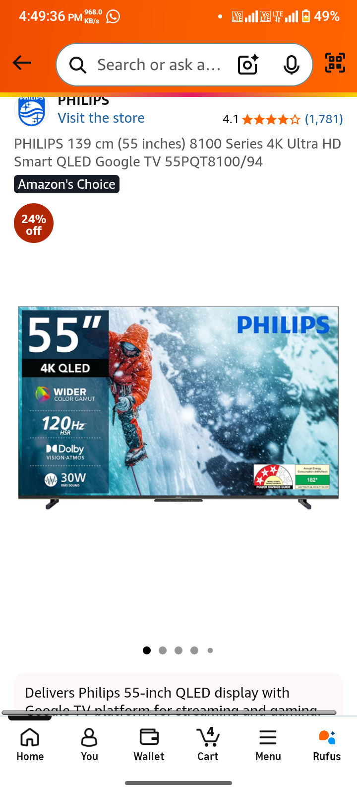 PHILIPS 139 cm (55 inches) 8100 Series 4K Ultra HD Smart QLED Google TV 55PQT8100/94 @34249