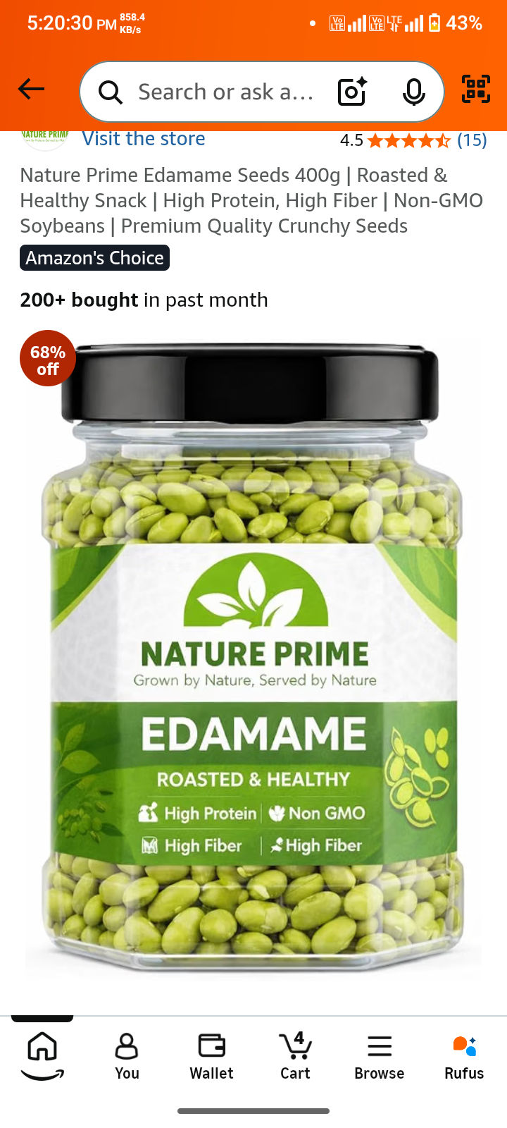 Nature Prime Edamame Seeds 400g | Roasted & Healthy Snack | High Protein, High Fiber | Non-GMO Soybeans | Premium Quality Crunchy Seeds