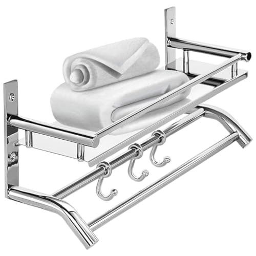 Zureni Folding Towel Rack for Bathroom 304 Grade Stainless Steel Wall Mount with Multipurpose Hooks & Hanger Bar Accessories and Fittings Shelf for Kitchen Washroom Wash Basin (Silver-1001A)