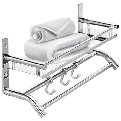 Zureni Folding Towel Rack for Bathroom 304 Grade Stainless Steel Wall Mount with Multipurpose Hooks & Hanger Bar Accessories and Fittings Shelf for Kitchen Washroom Wash Basin (Silver-1001A)