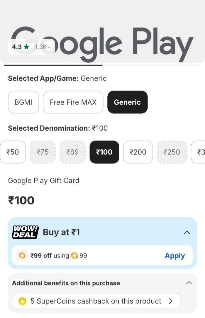 ₹100 Google Play Gift Code in just ₹1