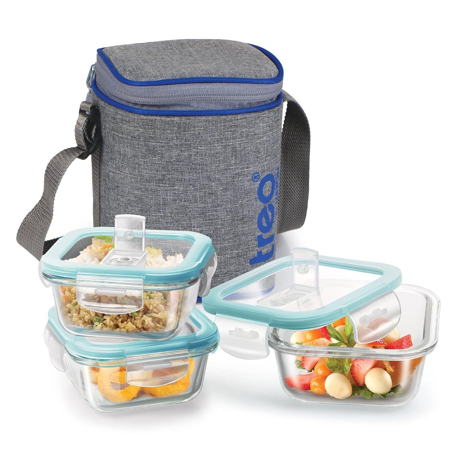 Deal: Treo by Milton All Fresh Square Glass Tiffin - 3 Containers (320ml) with Insulated Jacket | Microwave & Oven Safe