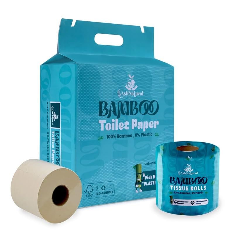 Ash Natural Bamboo Toilet Paper Rolls - 2 Ply Soft & Highly Absorbent Tissue Paper | 100% Natural Bamboo | Chemical-Free, Unbleached & Biodegradable | 270 Pulls per Roll