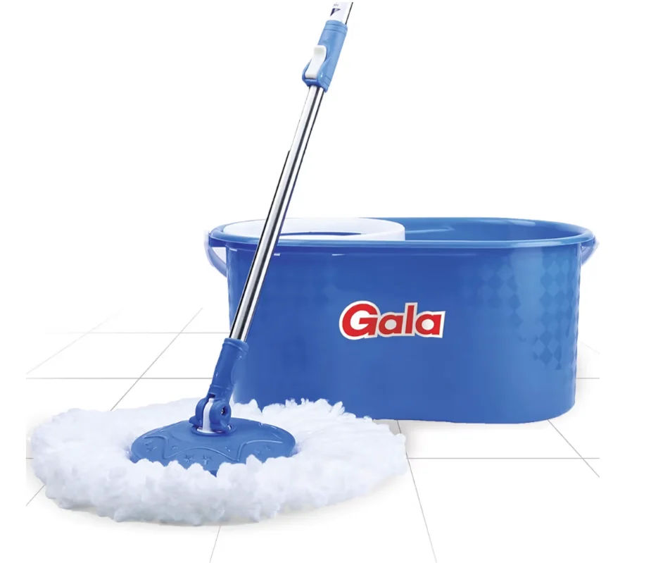 Gala Aqua Spin Mop with Bucket & 2 Microfiber Refills | Hands-Free Floor Cleaning Mop with 4 Wheels, Big Bucket, Easy Wring System & Adjustable Stainless Steel Handle (White & Blue)