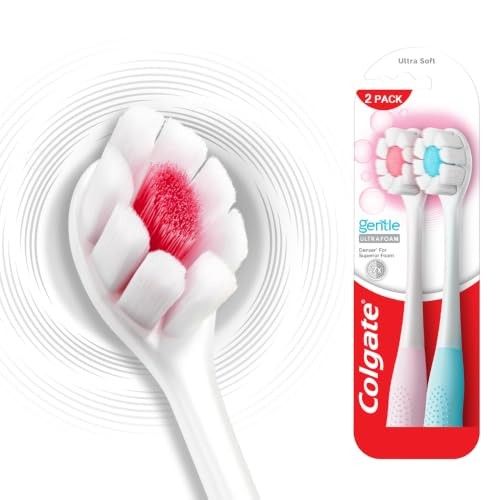 Colgate Gentle UltraFoam Ultra Soft Bristles Manual Toothbrush for adults, 2 Pcs, Soft Bristles for Superior Clean, Assorted