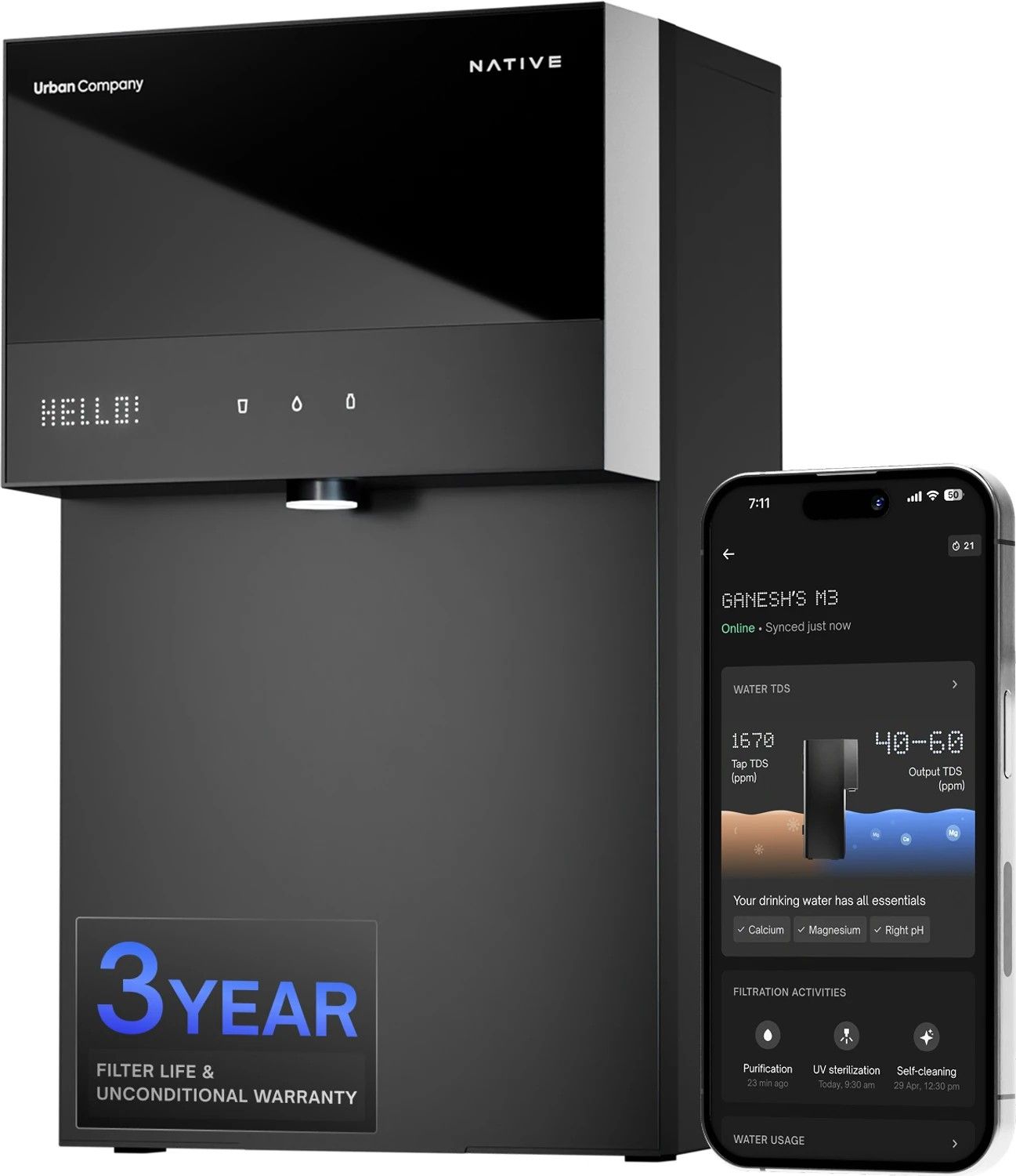 NATIVE By Urban Company M3 6 L RO + UV + Alkaline + Minerals Water Purifier No Service Preset Touch Dispensing + Battery Real-time Tracking (dark black)