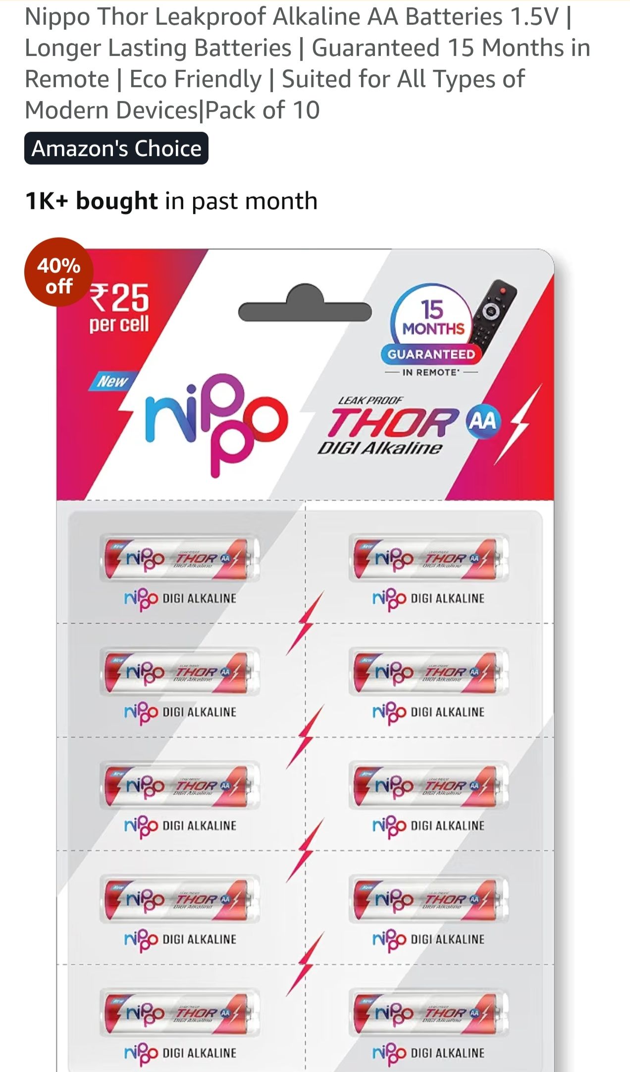 Nippo Thor Leakproof Alkaline AA Batteries 1.5V pack of 10