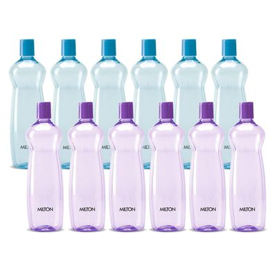 MILTON Pacific 1000 Water Bottle 1 Litre each, set of 12, Purple and Sky Blue I PET Food Grade I BPA Free, Leak Proof I Wide Mouth, Easy To Clean I Fridge Bottles for Home, Office, Gym