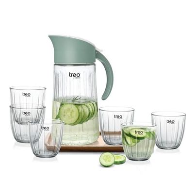Treo By Milton Borosilicate Aura Lemon Glass Set with Jug, (6 Glasses - 290 ml Each, Jug - 1300 ml), Set of 7, Transparent | Microwave Safe | Odour Free | Scratch Resistance