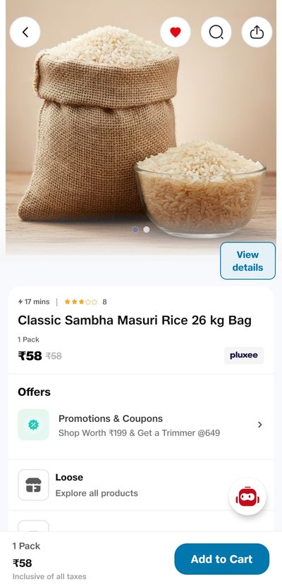 [PRICE ERROR] Classic Sambha Masuri Rice 26 Kg Bag at 56rs