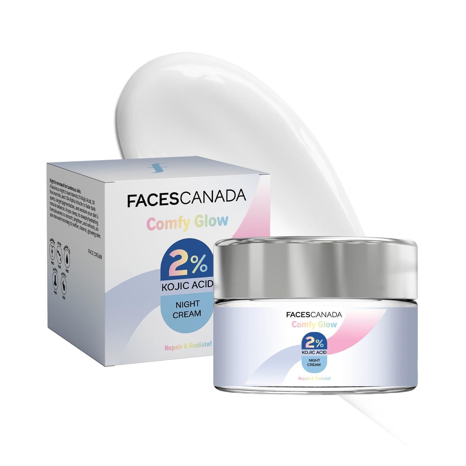 FACES CANADA 2% Kojic Acid Comfy Glow Night Cream with Niacinamide & Alpha Arbutin for Skin Brightening (25 gm) | Face Cream I Night Cream I