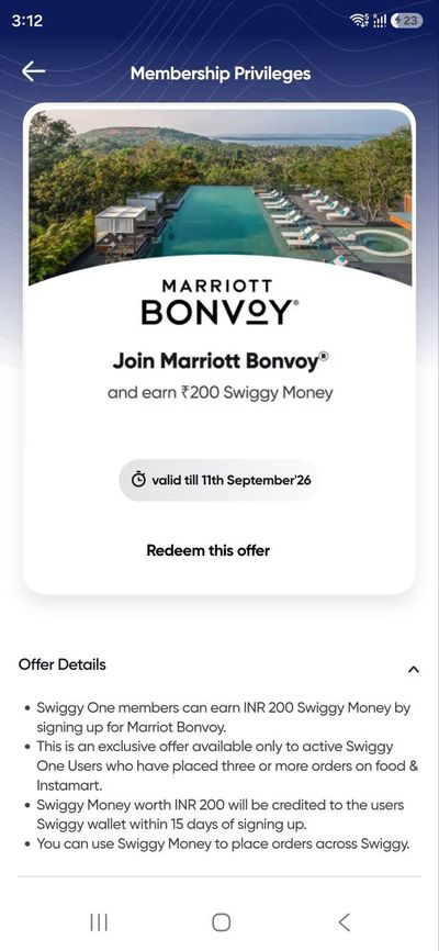 Get ₹200 Swiggy Money Free on Joining Marriott Bonvoy