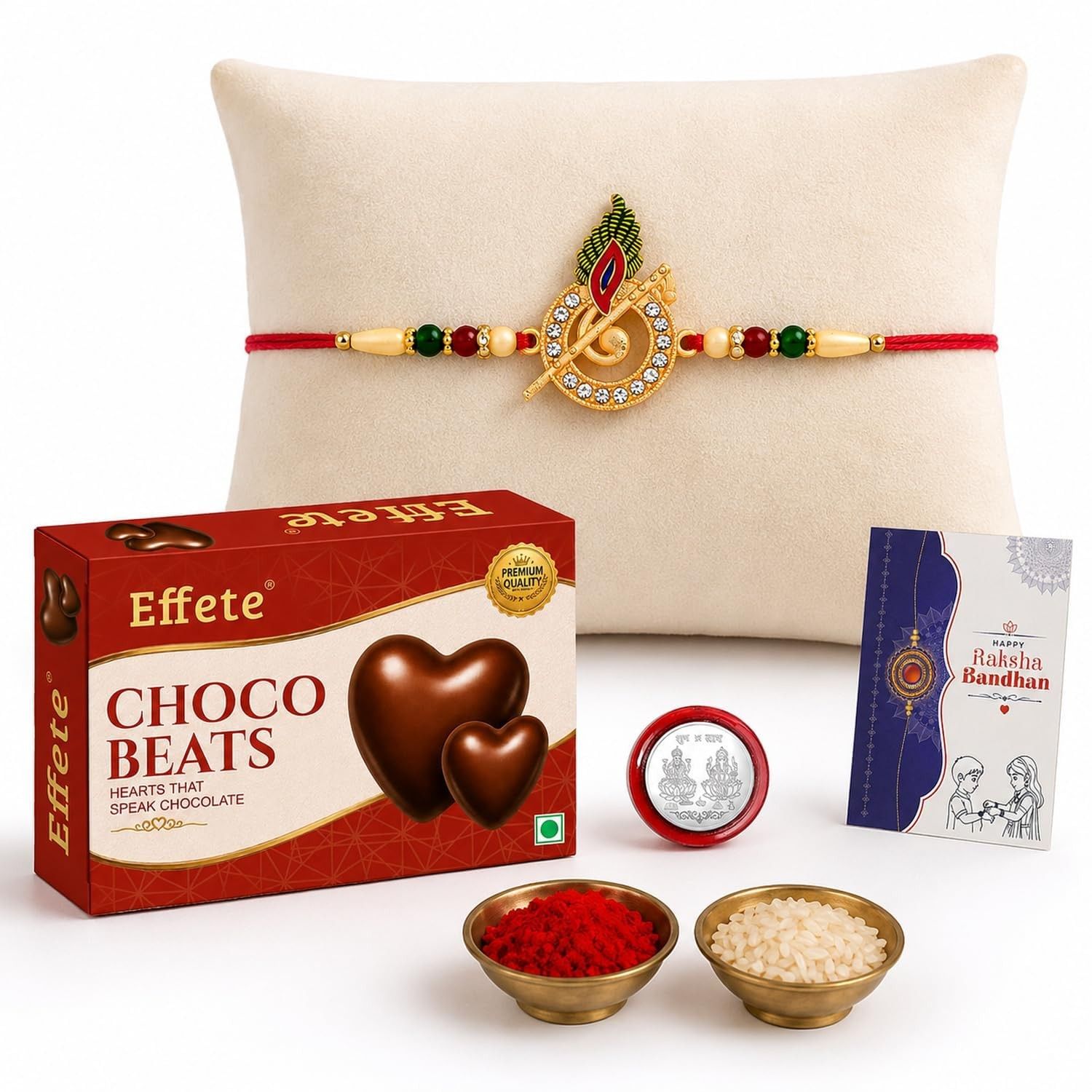 Raksha Bandhan Gift Set | Designer Rakhi, Effete Choco Beats & Silver Coin