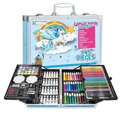 KARP Children Deluxe Art Drawing Set for Kids| Drawing & Coloring Set with Crayons, Oil Pastels, Colour Pencils, Watercolors, Sketch Pens, Brushes & Carry Case (145 Pcs Unicorn Print Art Set - Blue)