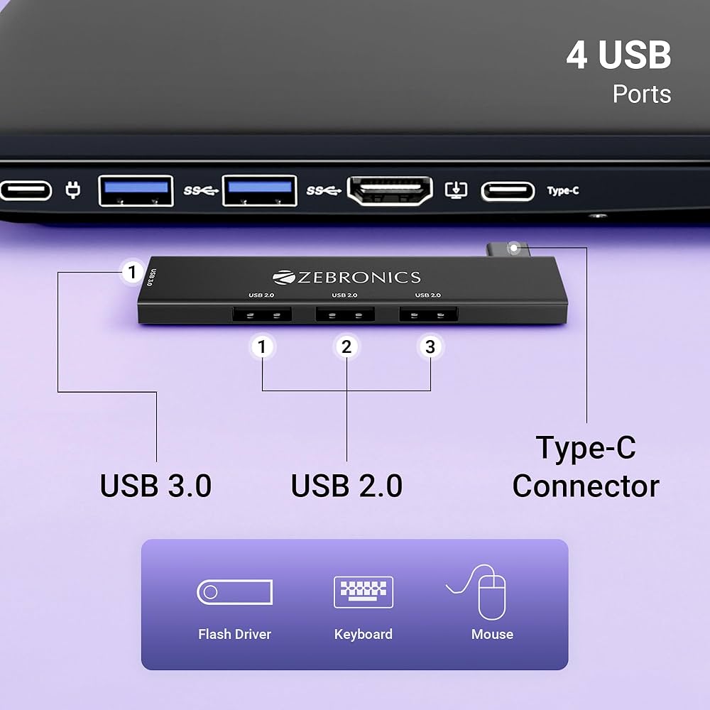 Zebronics black colour TA210U 4 in 1 Type-C to USB 3.0 Hub | 4 USB Ports | designed to support 5 Gbps speeds | metal body
