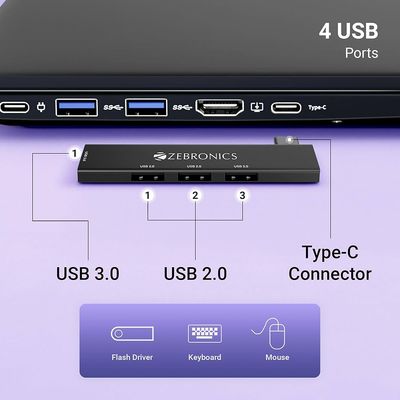 Zebronics black colour TA210U 4 in 1 Type-C to USB 3.0 Hub | 4 USB Ports | designed to support 5 Gbps speeds | metal body