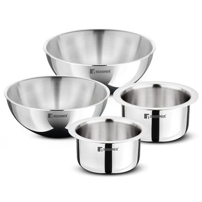 Bergner TriPro Tri-Ply Stainless Steel 4 Pcs Cookware Combo Set of 14cm (1.3L) 16cm (1.9L) Topes and 20cm (2L) 22cm (2.5L) Tasras Less Oil Use Healthy Cooking - Induction and Gas Stove Ready