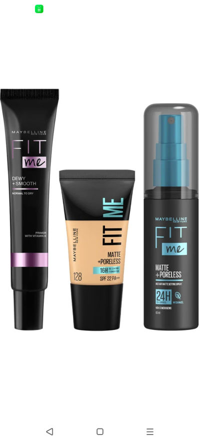 Take a look at this Fit Me : Primer, Fit me Foundation Tube-Shade 128, Transfer-proof Setting Spray on Flipkart