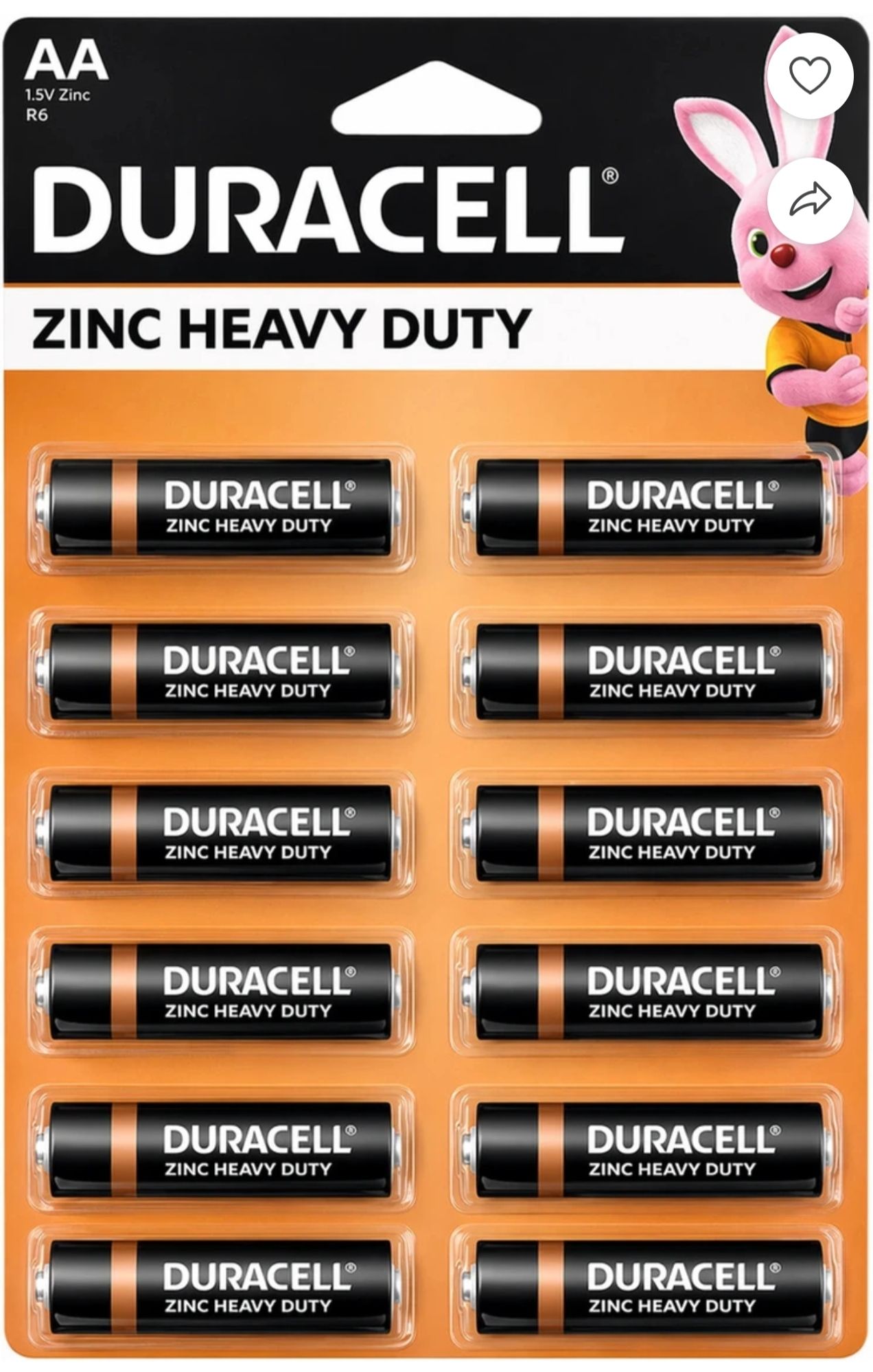 DURACELL ZINC HEAVY DUTY AA BATTERIES, 1.5 Leak-Resistant Power Battery (Pack of 12)