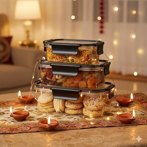 PEARLPET Luxeseal Airtight Food Storage Containers | 3-Piece Rectangular Jar Set | 400ml, 900ml, 1600ml | BPA-Free PET, Stackable, Festive Gift Set, Black